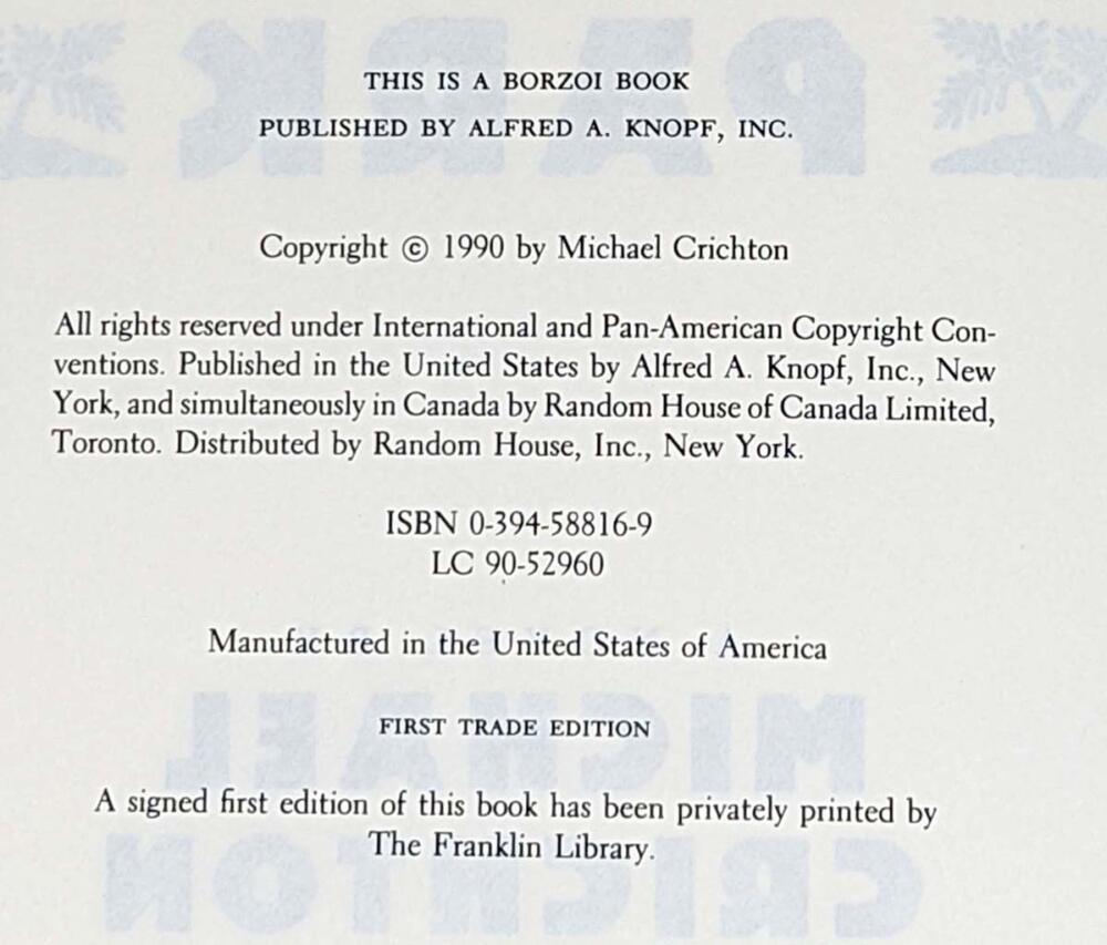 Jurassic Park - Michael Crichton 1990 | 1st Edition