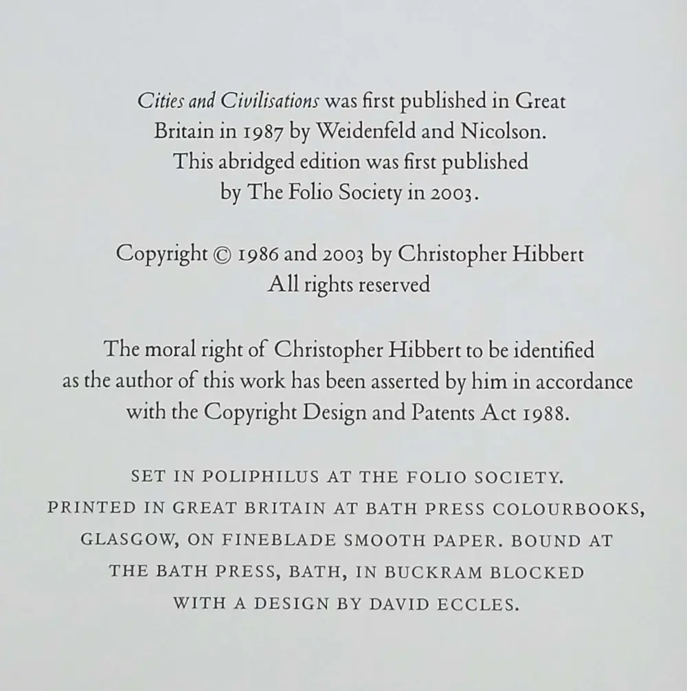 Cities And Civilizations - Christopher Hibbert 2003 | Folio Society