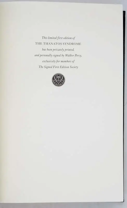 The Thanatos Syndrome - Walker Percy 1987 SIGNED
