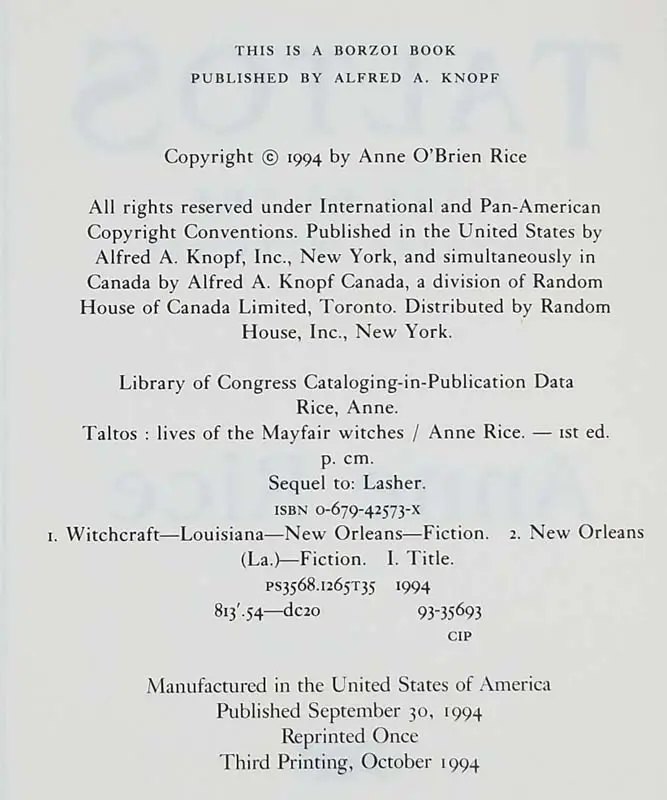 Taltos - Anne Rice 1994 SIGNED
