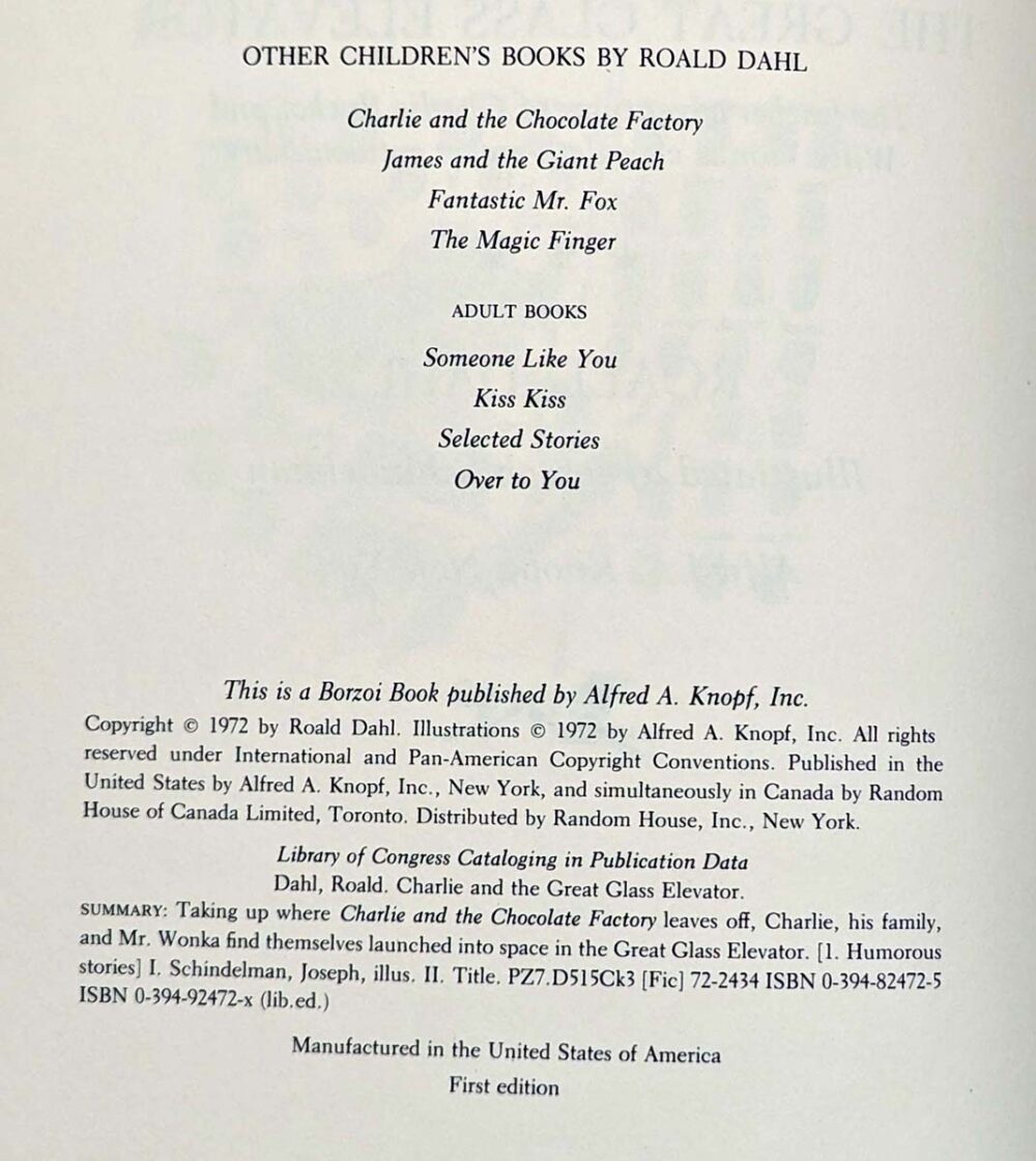 Charlie and the Great Glass Elevator - Roald Dahl 1972 | 1st Edition