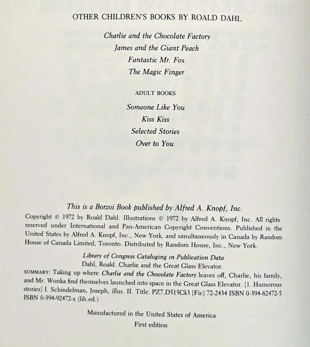 Charlie and the Great Glass Elevator - Roald Dahl 1972 | 1st Edition