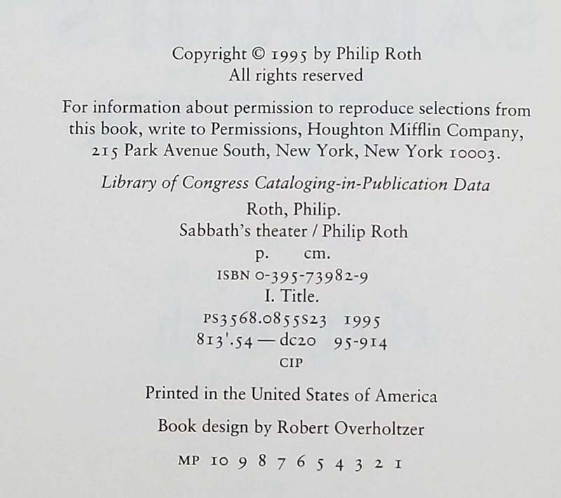 Sabbath's Theater - Philip Roth 1995 | 1st Edition