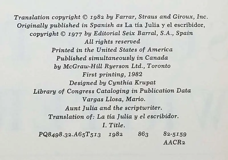 Aunt Julia And The Scriptwriter - Mario Vargas Llosa 1982 | 1st Edition