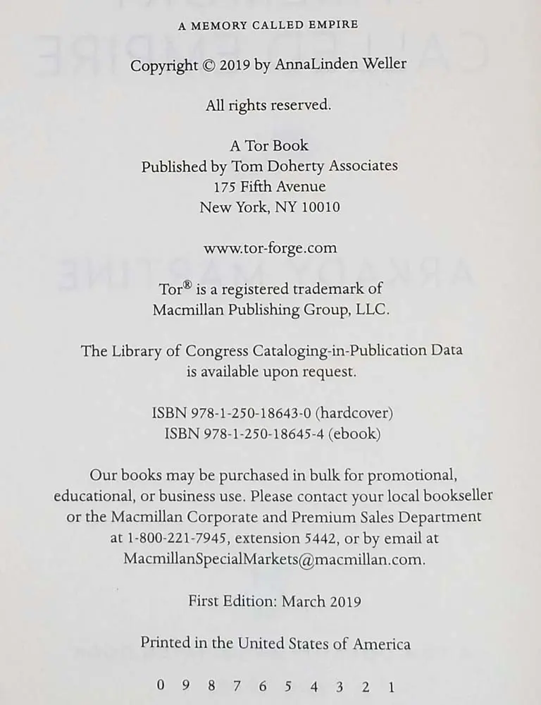 A Memory Called Empire - Arkady Martine 2019 | 1st Edition