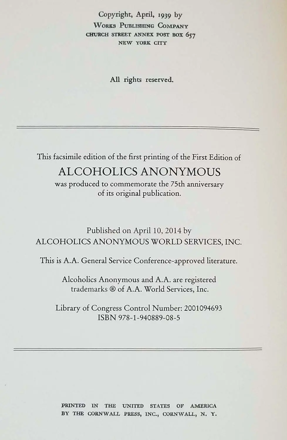 Alcoholics Anonymous - Facsimile 1st Edition 1939 Alcoholics Anonymous - Facsimile 1st Edition 1939