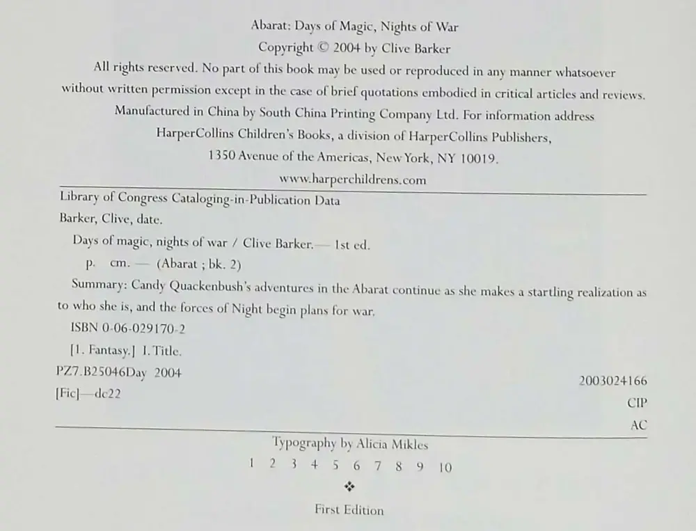 Days of Magic, Nights of War: Abarat, Book 2 - Clive Barker 2004 | 1st edition