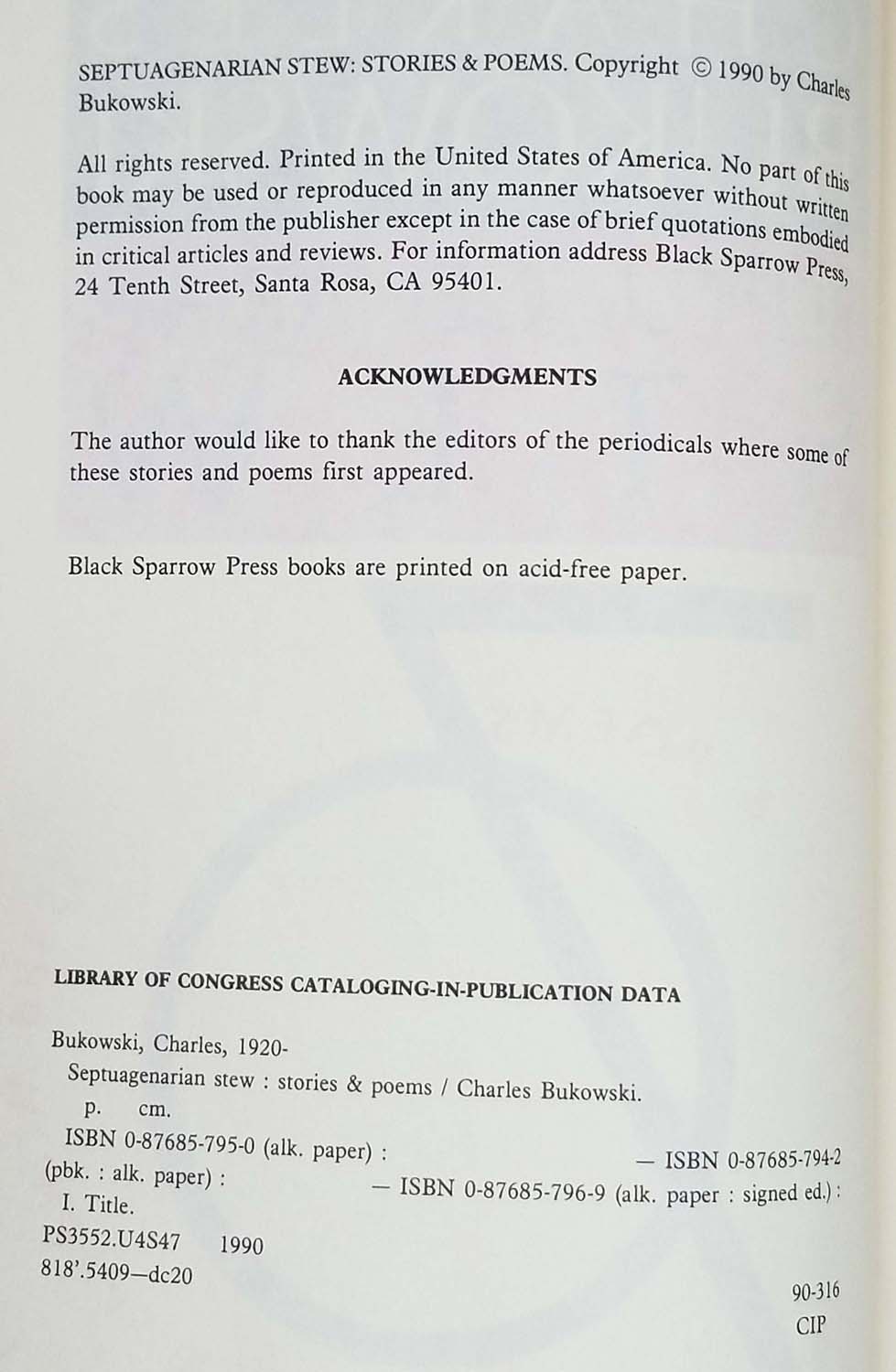 Septuagenarian Stew: Stories & Poems - Charles Bukowski 1990 | 1st Edition
