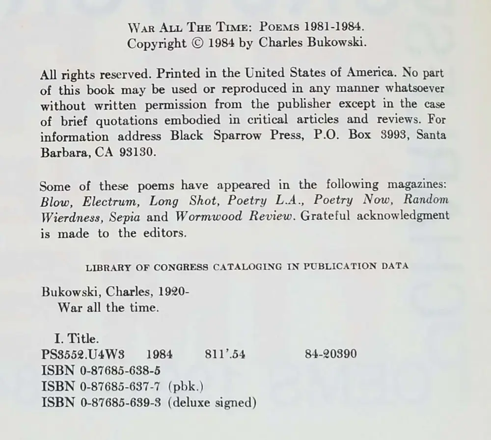 War All the Time (Poems 1981-1984) - Charles Bukowski 1984 | 1st Edition