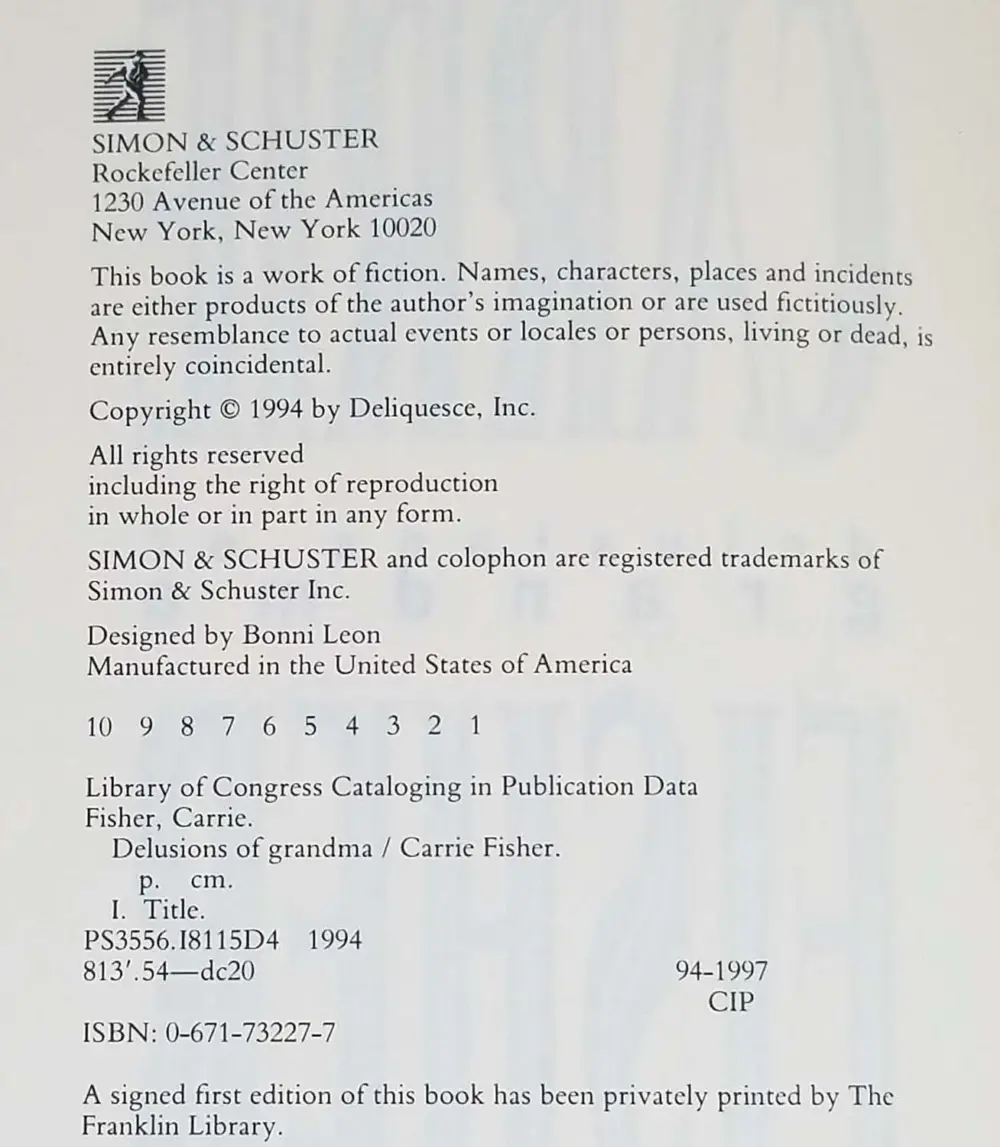 Delusions Of Grandma - Carrie Fisher 1994 | 1st Edition