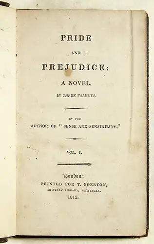 Pride Austen Pride and Prejudice - Jane Austen 1st Edition 1813