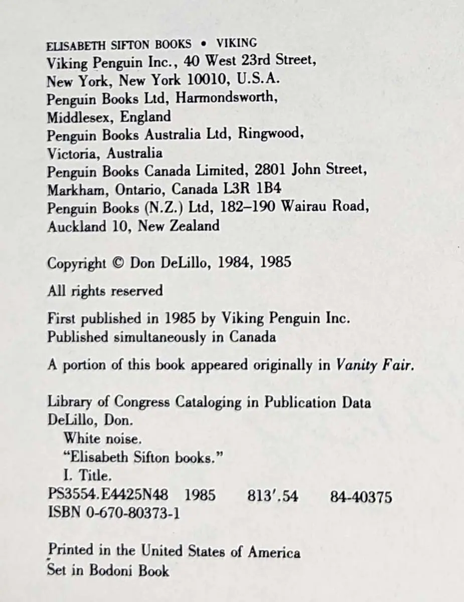 White Noise - Don DeLillo 1985 | 1st Edition