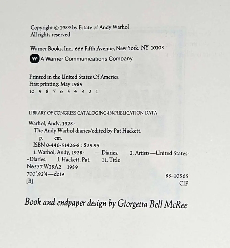 Andy Warhol Diaries - Pat Hackett 1989 | 1st Edition