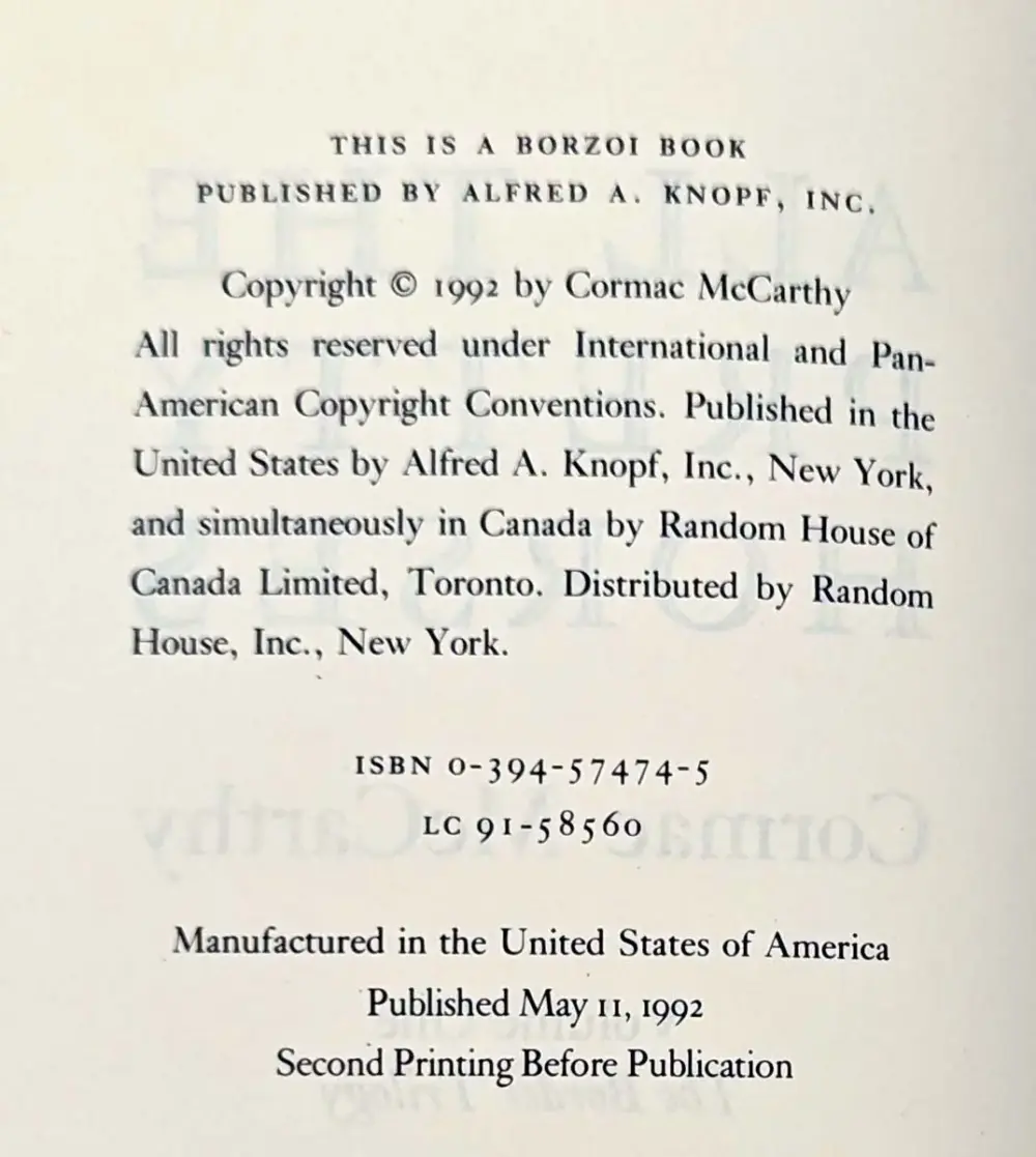 All the Pretty Horses - Cormac McCarthy 1992 | 2nd printing