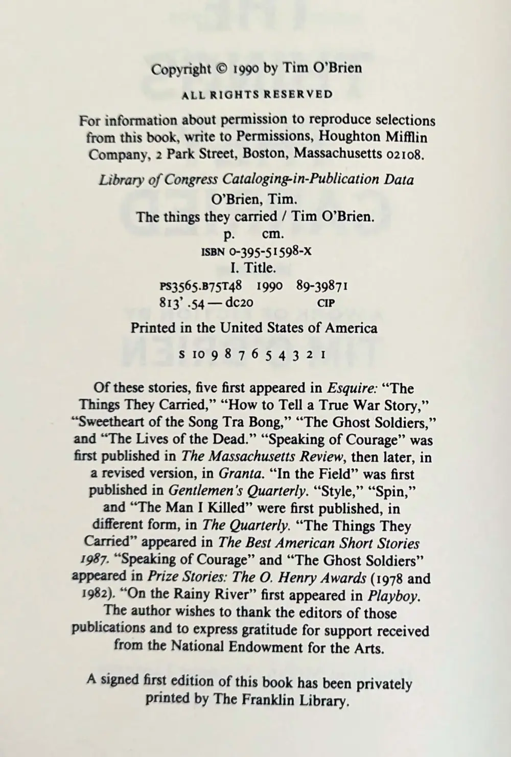 The Things They Carried - Tim O'Brien 1990 | 1st Edition