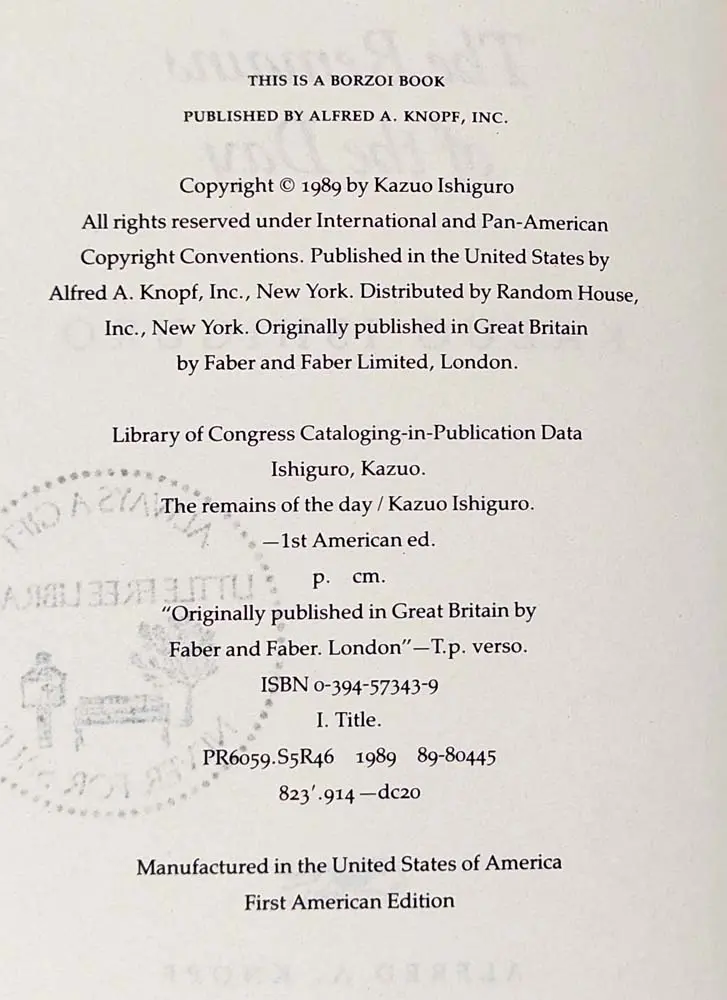 Remains of the Day - Kazuo Ishiguro 1989 | 1st Edition
