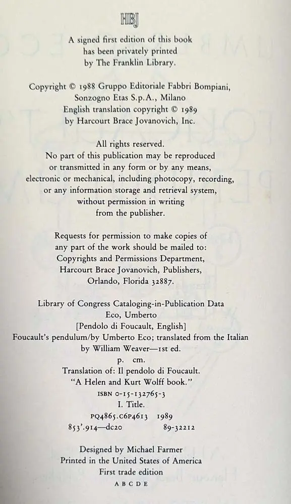 Foucault’s Pendulum - Umberto Eco 1989 | 1st Edition